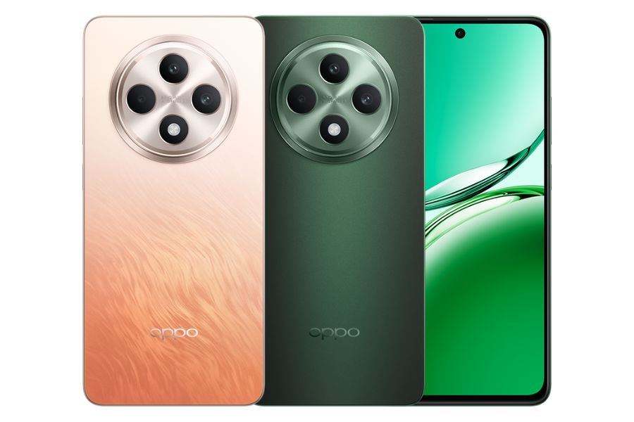 OPPO Reno12 F 4G smartphones in green and orange colors, showcasing the rear camera setup and the general design.
